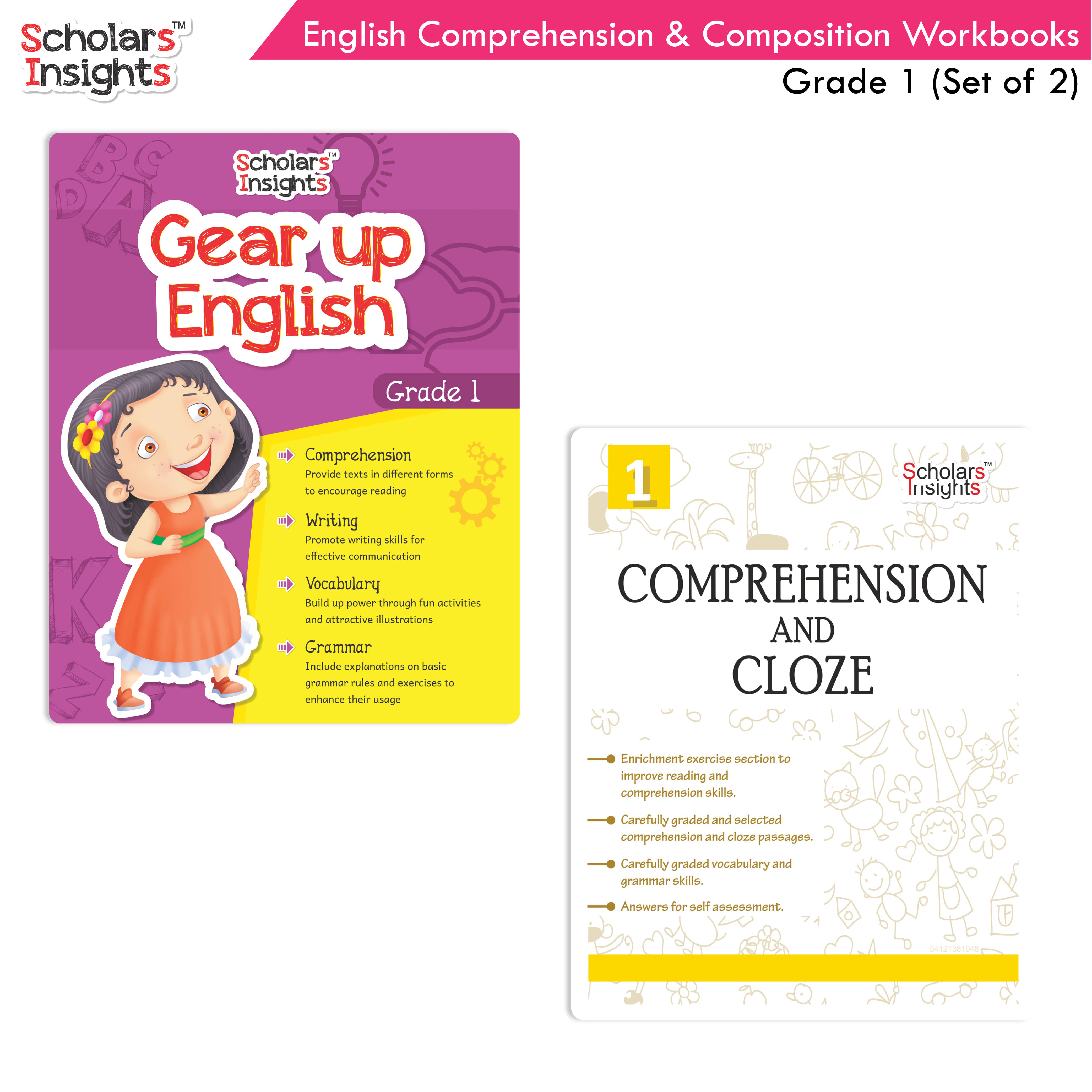 Scholars Insights Combo Set of Comprehension & Composition English Grammar  Workbooks Grade 1| Set of 2