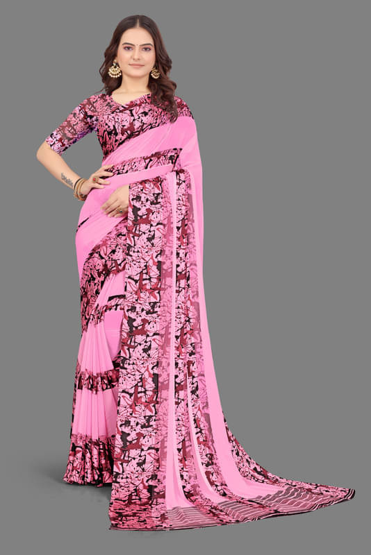     			Sitanjali Georgette Printed Saree With Unstitched Blouse Piece ( Pink )