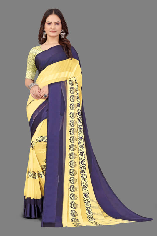 Sitanjali Georgette Printed Saree With Unstitched Blouse Piece ( Yellow ) - Sarees | Buy online on ZillyBuy