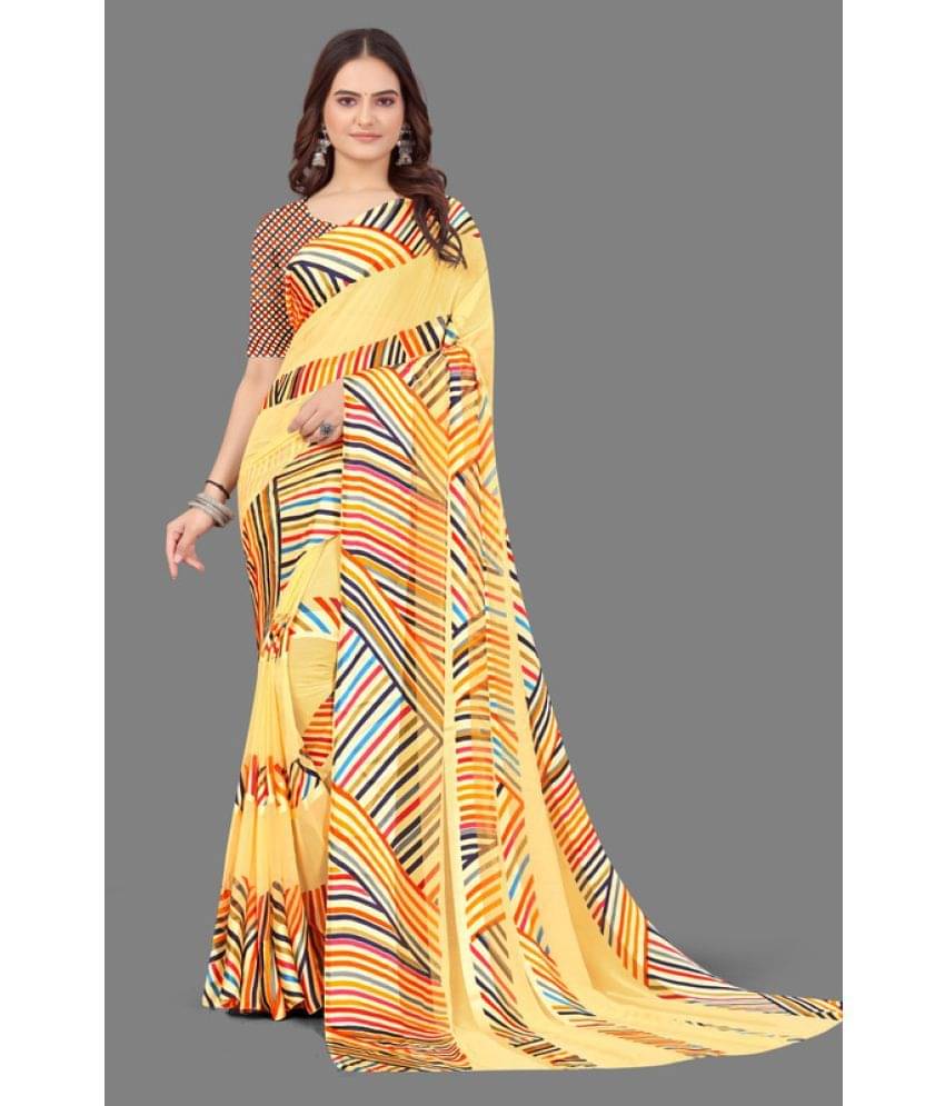     			Sitanjali Georgette Printed Saree With Unstitched Blouse Piece ( Yellow )
