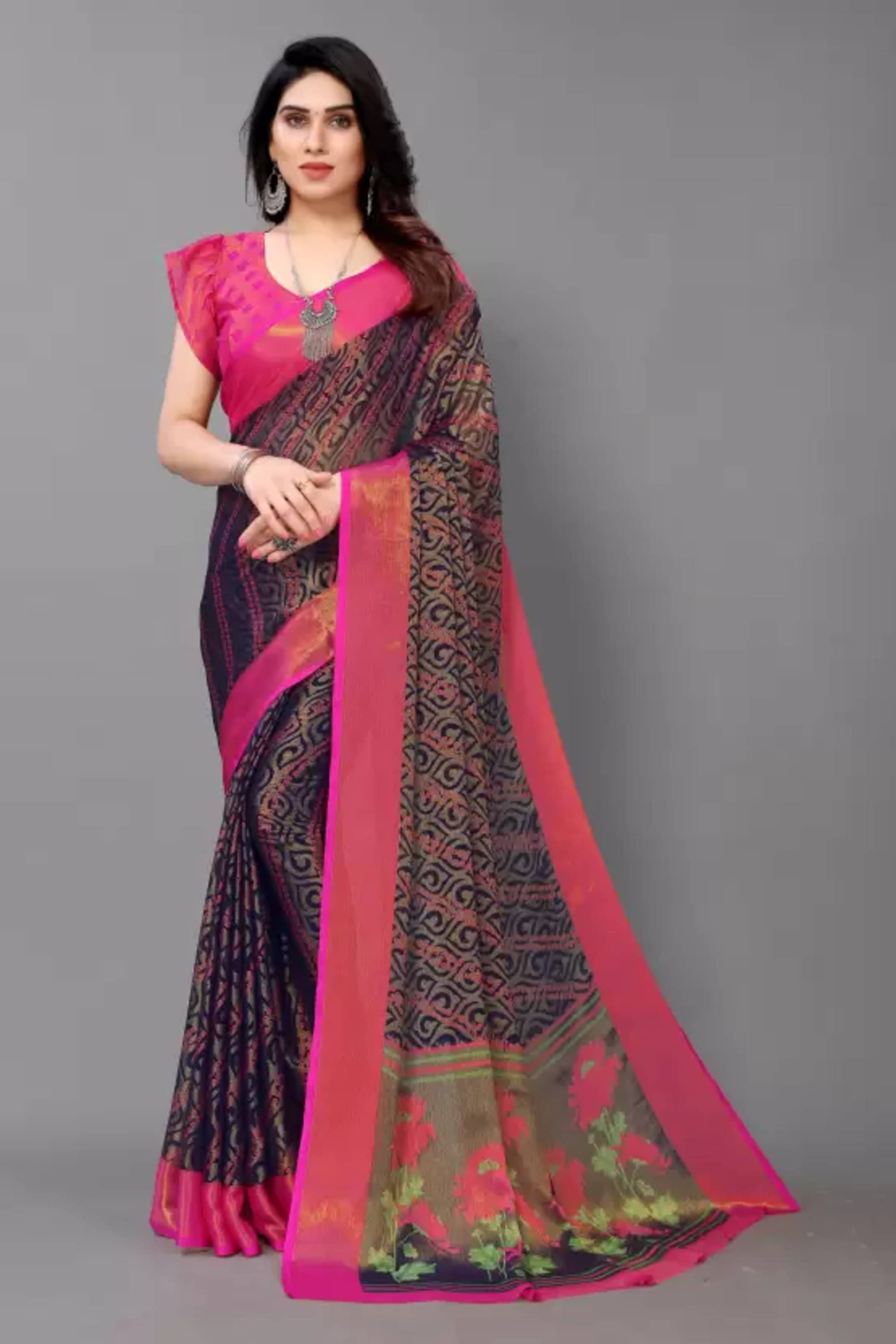 Sitnjali Lifestyle Brasso Printed Saree With Unstitched Blouse Piece ( Navy Blue )     			Sitnjali Lifestyle Brasso Printed Saree With Unstitched Blouse Piece ( Navy Blue )