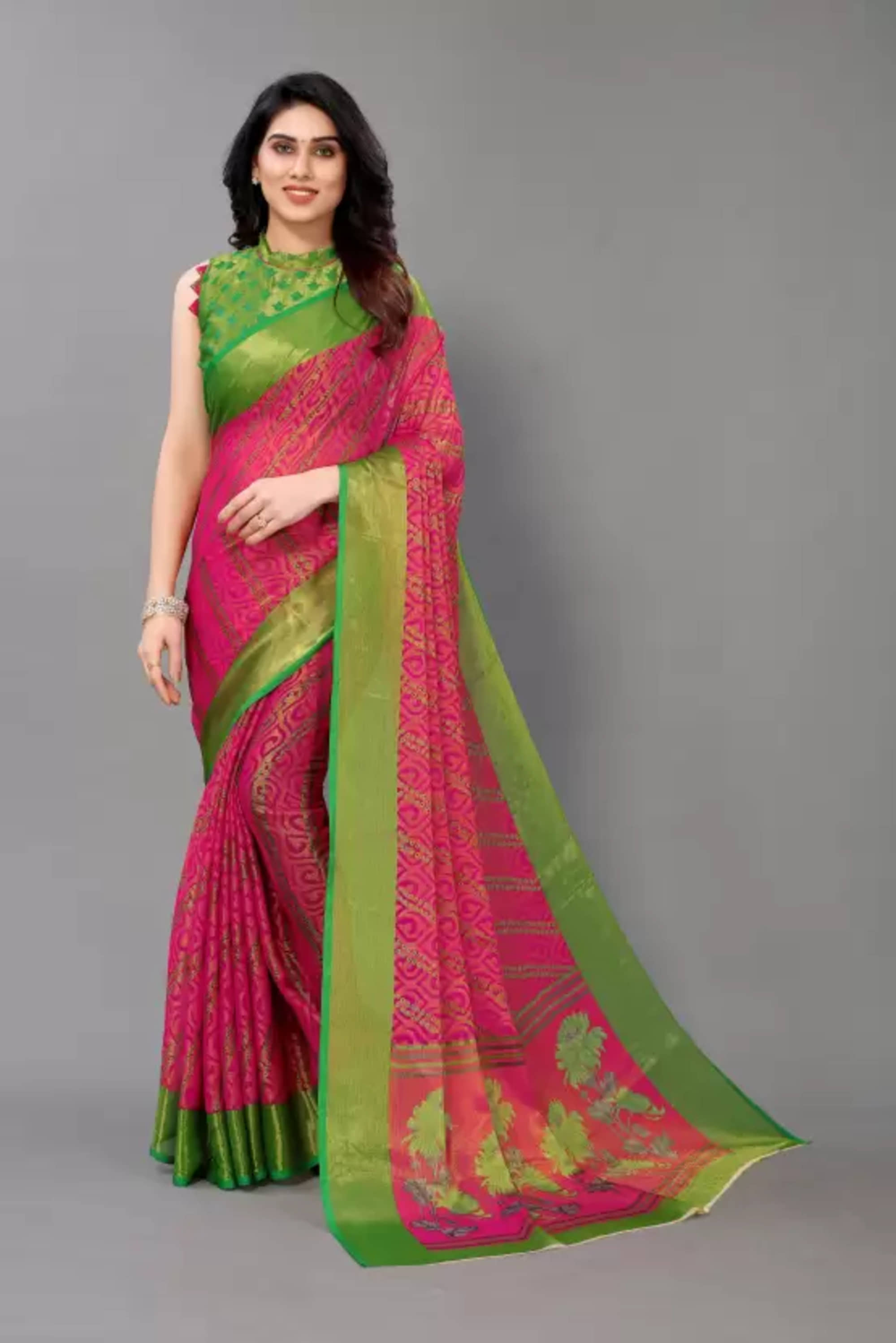 Sitnjali Lifestyle Brasso Printed Saree With Unstitched Blouse Piece ( Pink ) - Sarees | Buy online on ZillyBuy