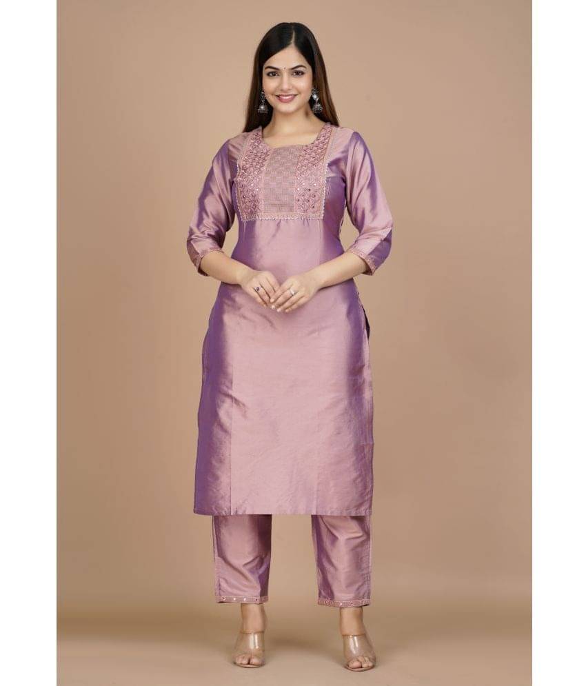     			EXPORTHOUSE - Purple Straight Silk Women's Stitched Salwar Suit ( Pack of 1 )