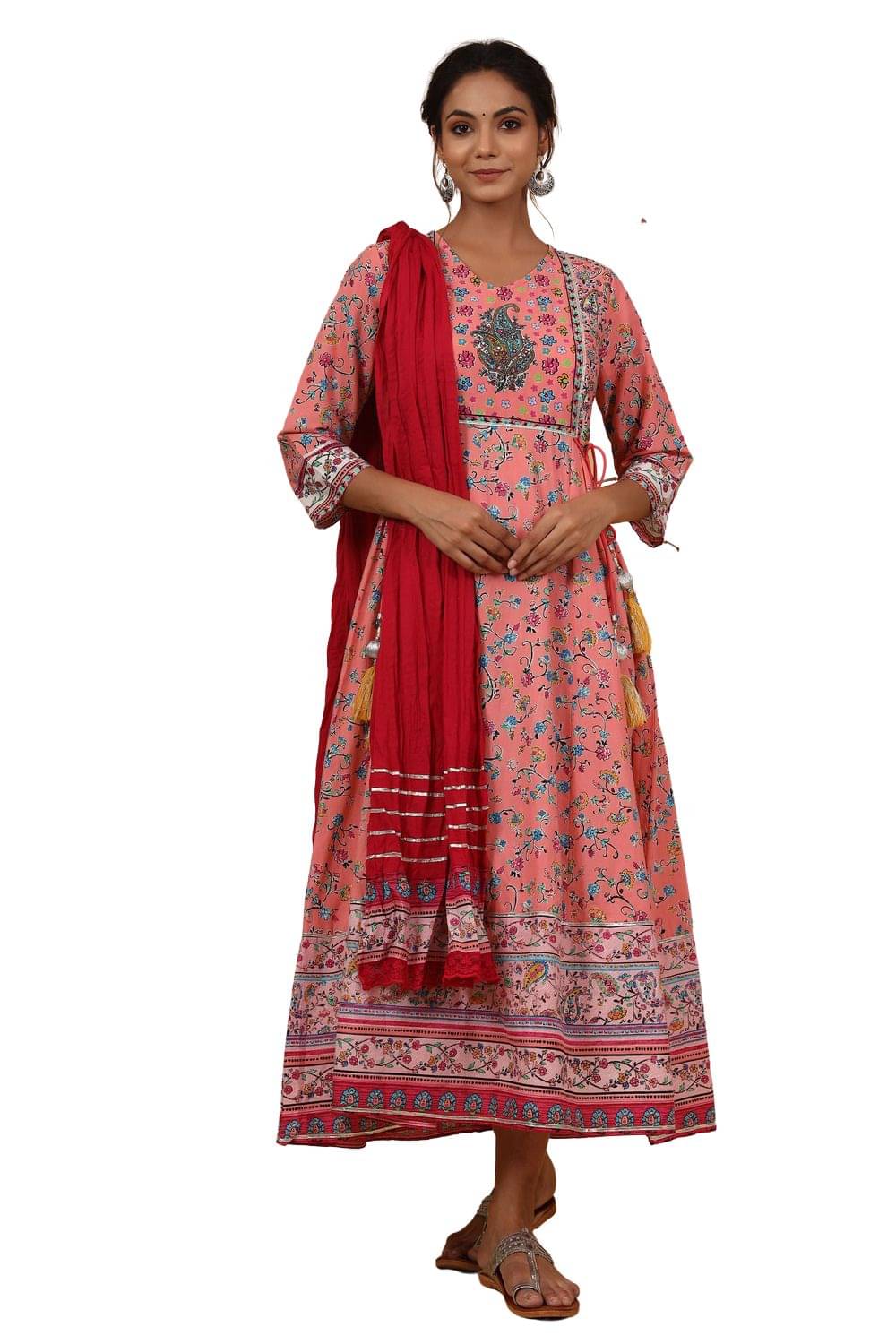 Juniper Women Cotton Blend Printed Ethnic Dress ( Coral ) Juniper Women Cotton Blend Printed Ethnic Dress ( Coral )