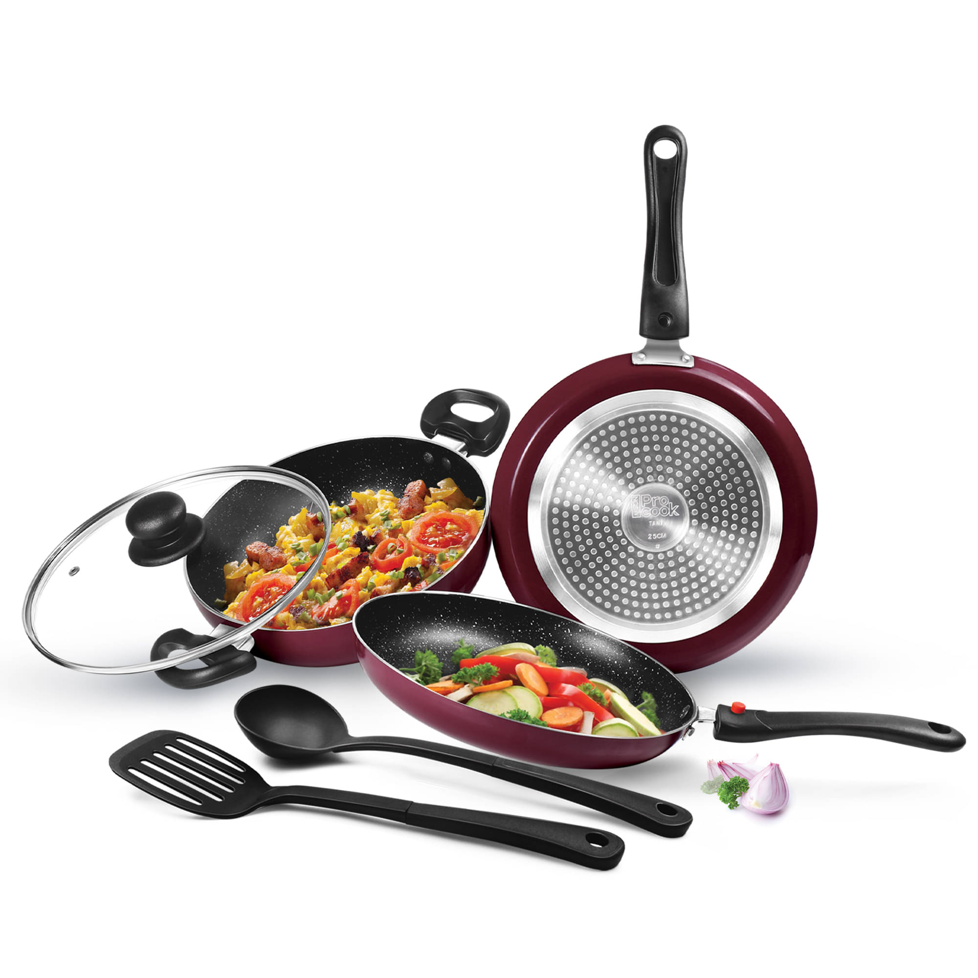     			Milton Pro Cook Kitchen Jewel Set of 5 (Fry pan 24 cm/1.6 Litres; Kadhai 24 cm/2.5 Litres with glass lid; Tawa 25 cm;Nylon Laddle and Spatula), Maroon | Induction | Dishwasher | Hot Plate | Flame Safe