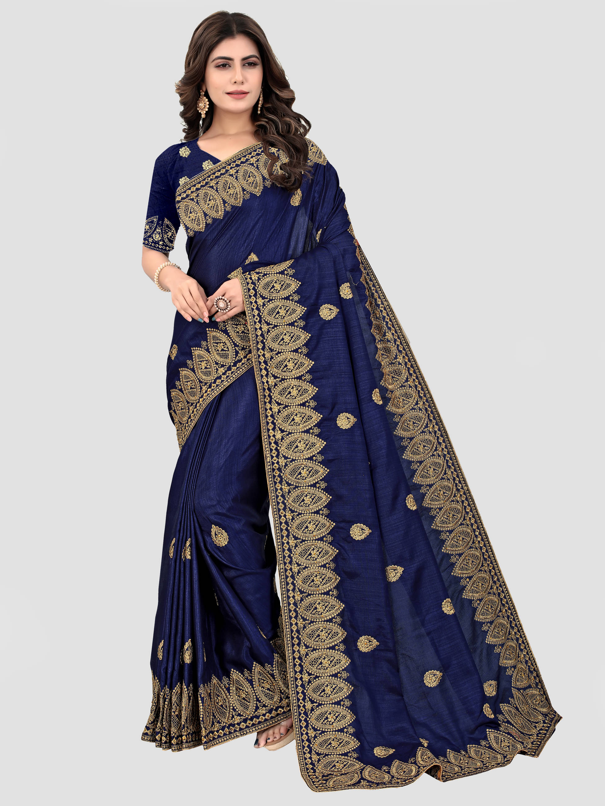 Om Shantam Sarees Silk Blend Embroidered Saree With Unstitched Blouse Piece ( Navy Blue )     			Om Shantam Sarees Silk Blend Embroidered Saree With Unstitched Blouse Piece ( Navy Blue )