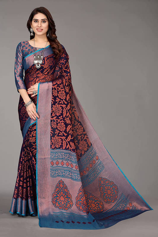 Sanwariya Silks Brasso Printed Saree With Unstitched Blouse Piece ( Navy Blue ) Sanwariya Silks Brasso Printed Saree With Unstitched Blouse Piece ( Navy Blue )