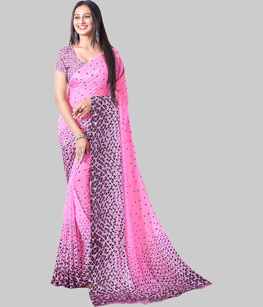 Sanwariya Silks Georgette Printed Saree With Unstitched Blouse Piece ( Pink ) - Sarees | Buy online on ZillyBuy
