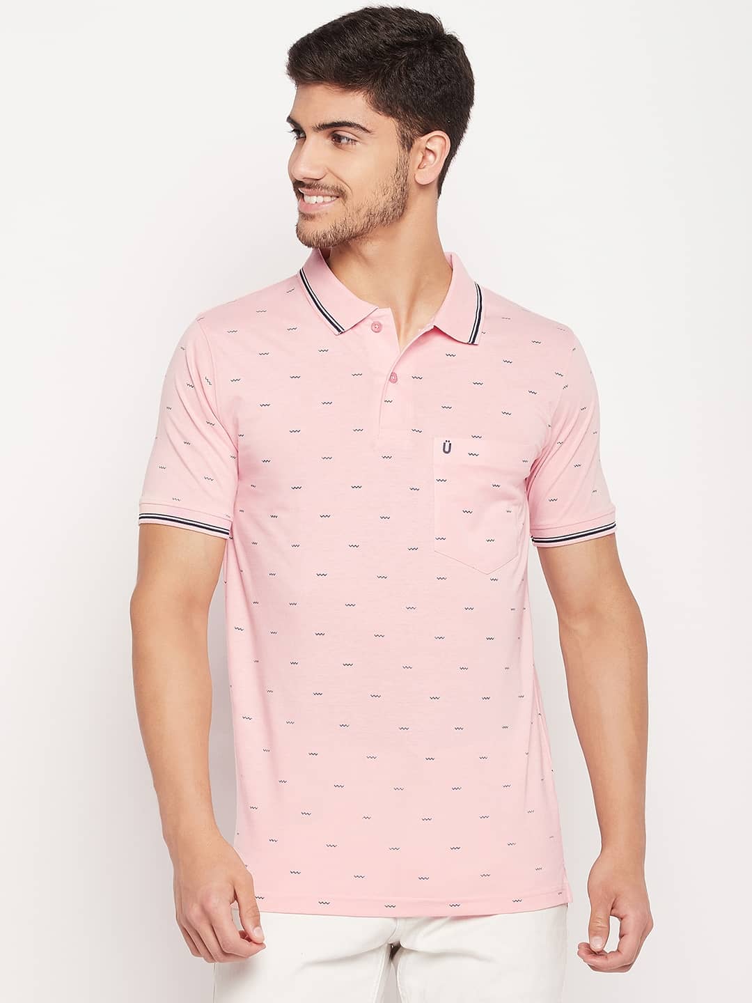 UNIBERRY Pack of 1 Cotton Blend Regular Fit Printed Half Sleeves Men's Polo T Shirt ( Pink )