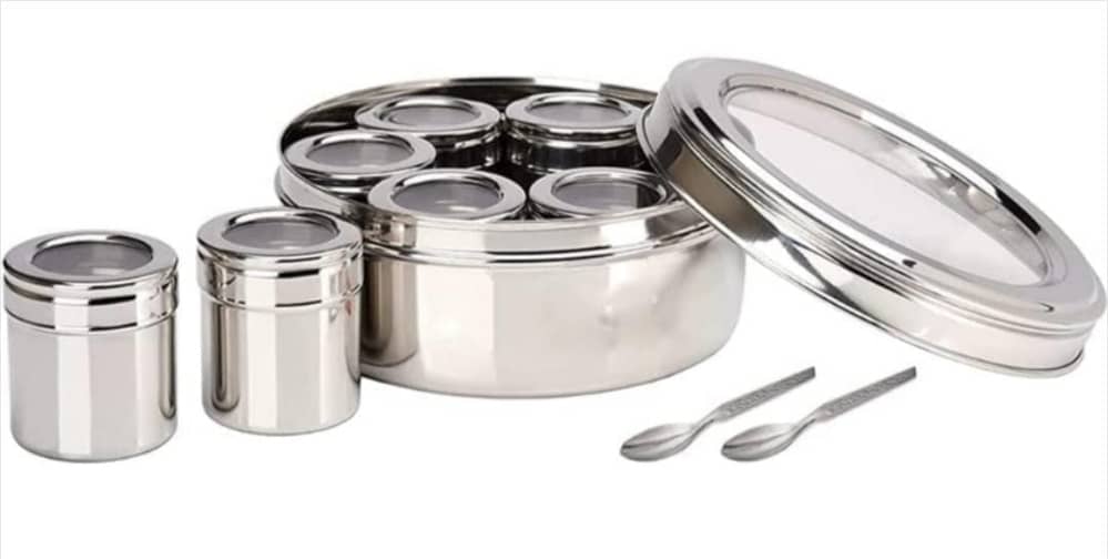 ATROCK - Masala Dabba Steel Silver Spice Container ( Set of 7 )