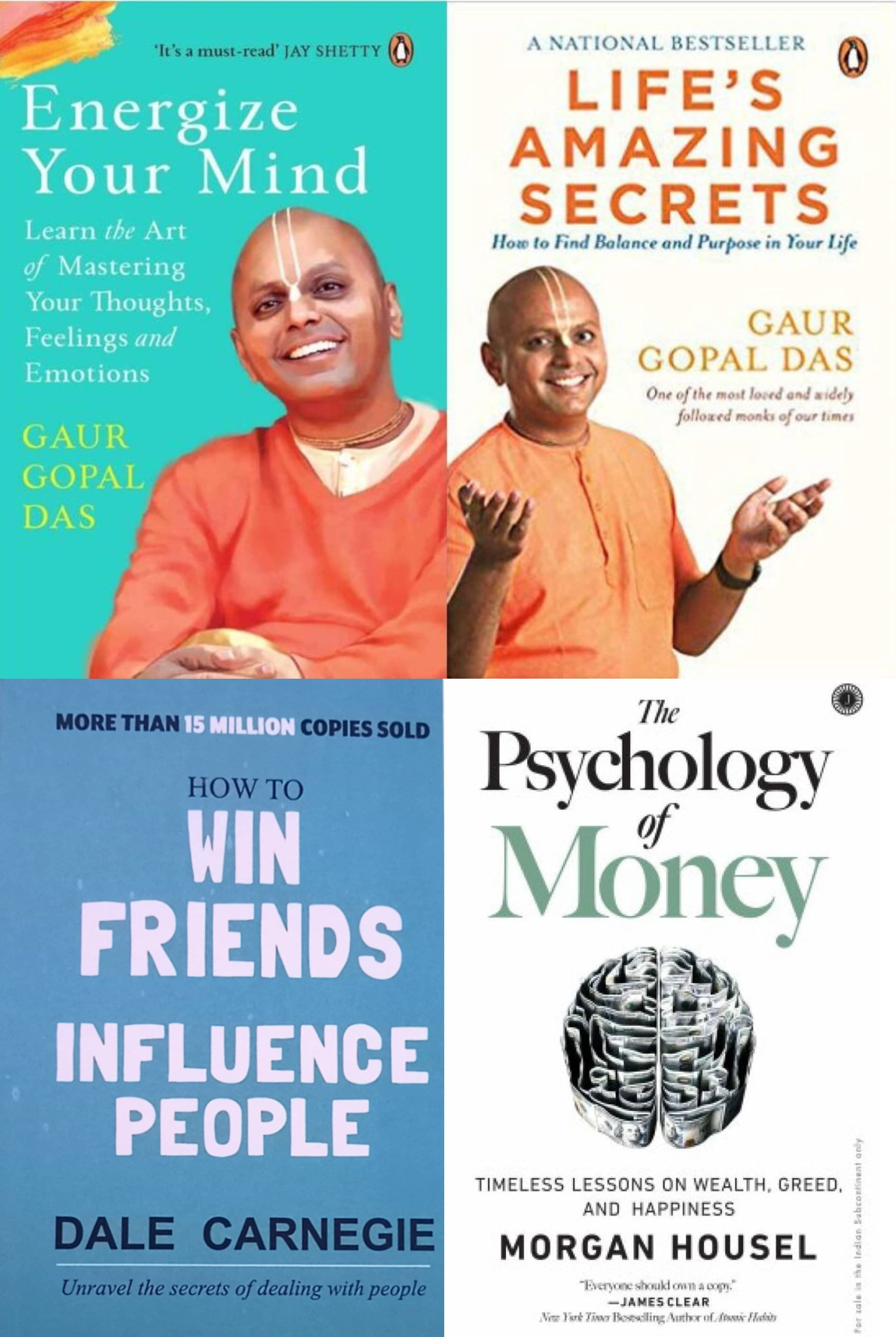     			Combo of 4  (Energize your mind + Life's Amazing + Psychology of Money+ How to win friends) English, Paperback