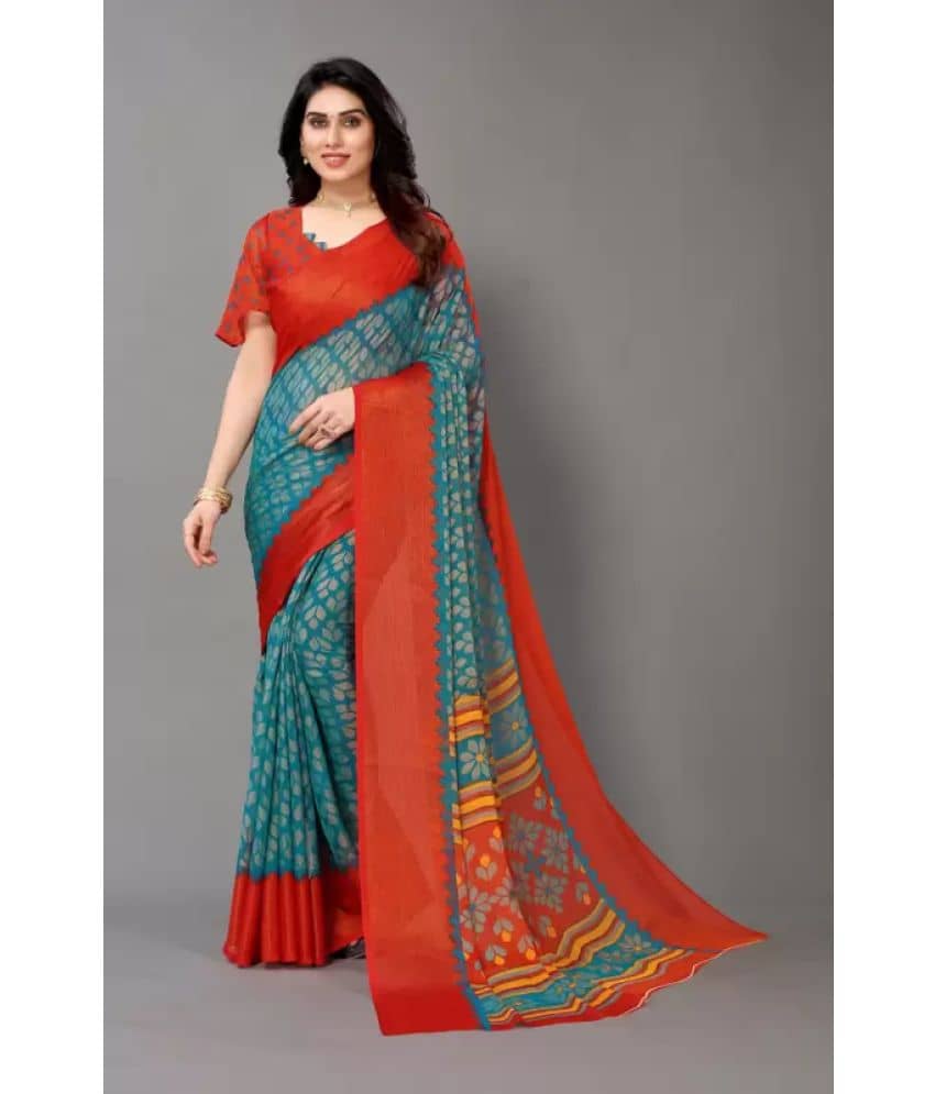 Sanwariya Silks Brasso Printed Saree With Unstitched Blouse Piece ( Teal ) - Sarees | Buy online on ZillyBuy