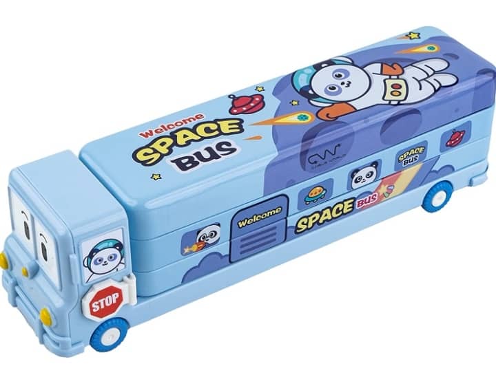 1944 YESKART -BLUE SCHOOL BUS PENCIL BOX WITH SHARPNER  Cartoon Printed School Bus Metal Pencil Box With Moving Tyres And Sharpener For Kids