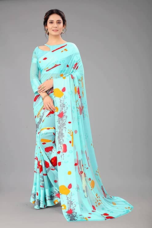 Sanwariya Silks Georgette Printed Saree With Unstitched Blouse Piece ( SkyBlue ) - Sarees | Buy online on ZillyBuy