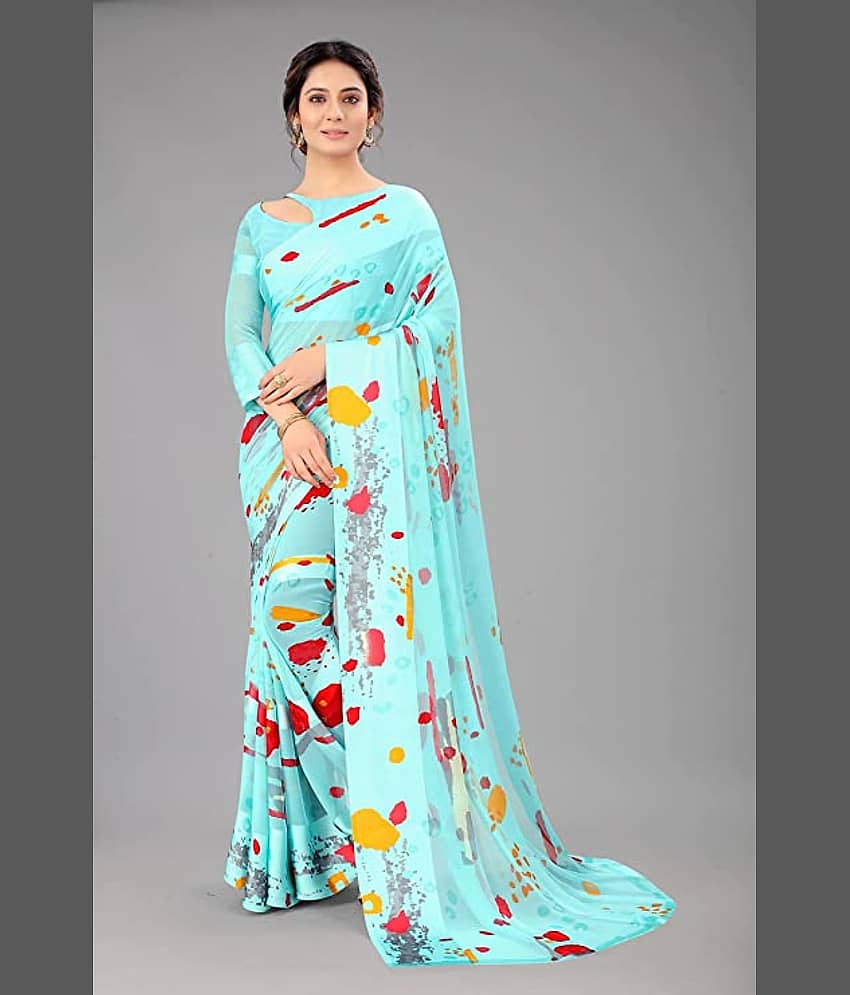 Sanwariya Silks Georgette Printed Saree With Unstitched Blouse Piece ( SkyBlue ) - Sarees | Buy online on ZillyBuy