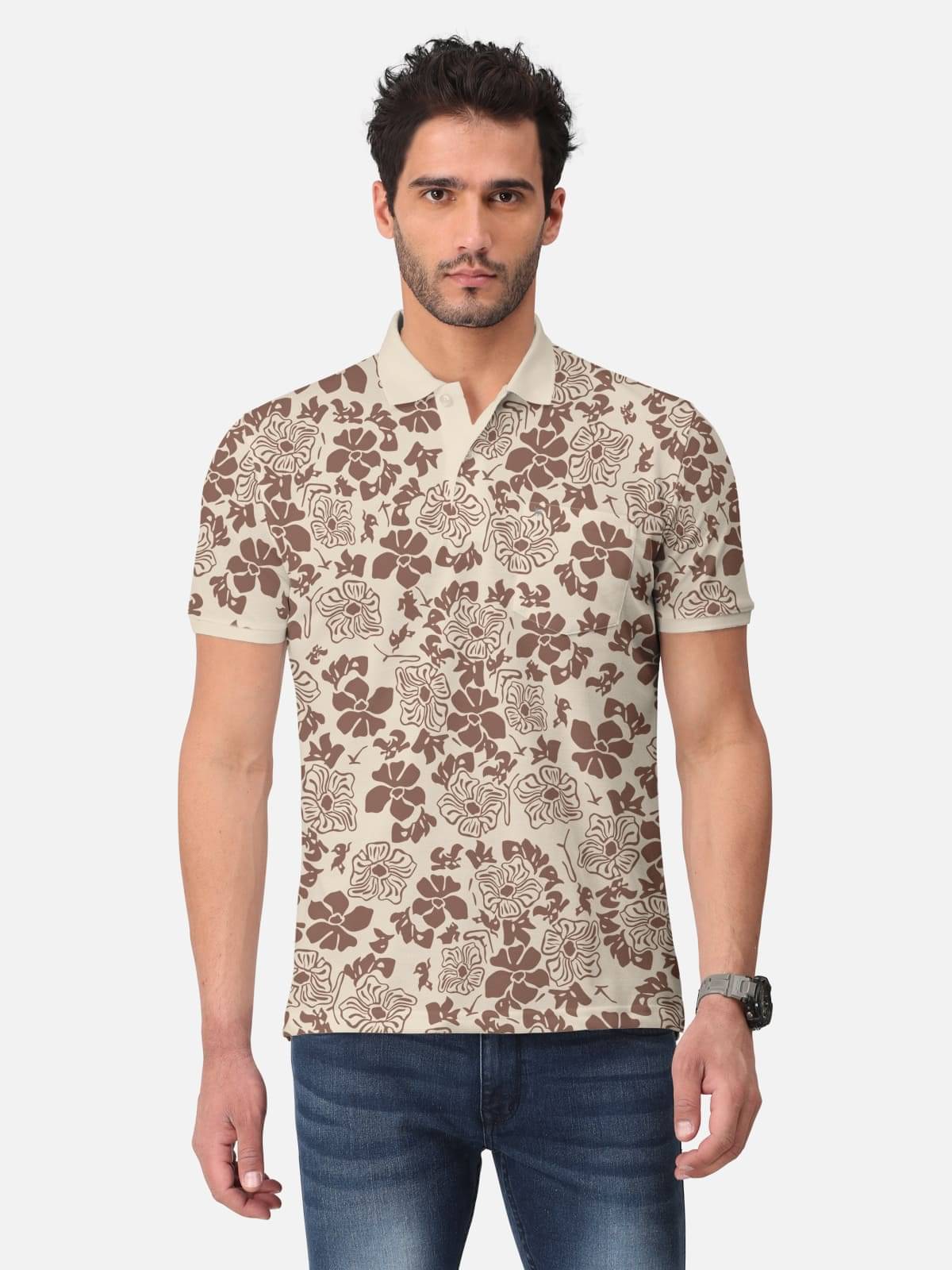 BULLMER Pack of 1 Cotton Blend Regular Fit Printed Half Sleeves Men's Polo T Shirt ( Beige ) BULLMER Pack of 1 Cotton Blend Regular Fit Printed Half Sleeves Men's Polo T Shirt ( Beige )
