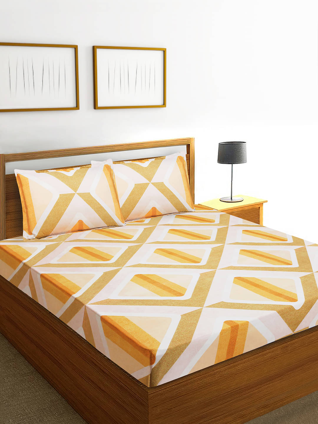     			Home Candy Microfiber Abstract Double Bedsheet with 2 Pillow Covers-Gold