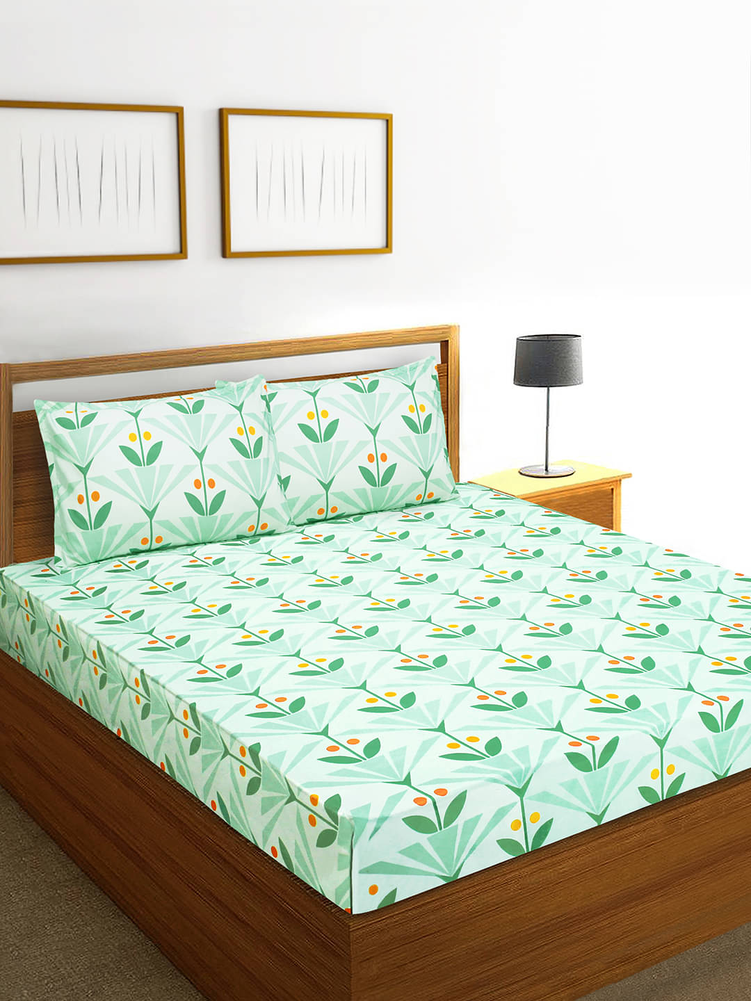     			Home Candy Microfiber Floral Printed Double Bedsheet with 2 Pillow Covers - Green
