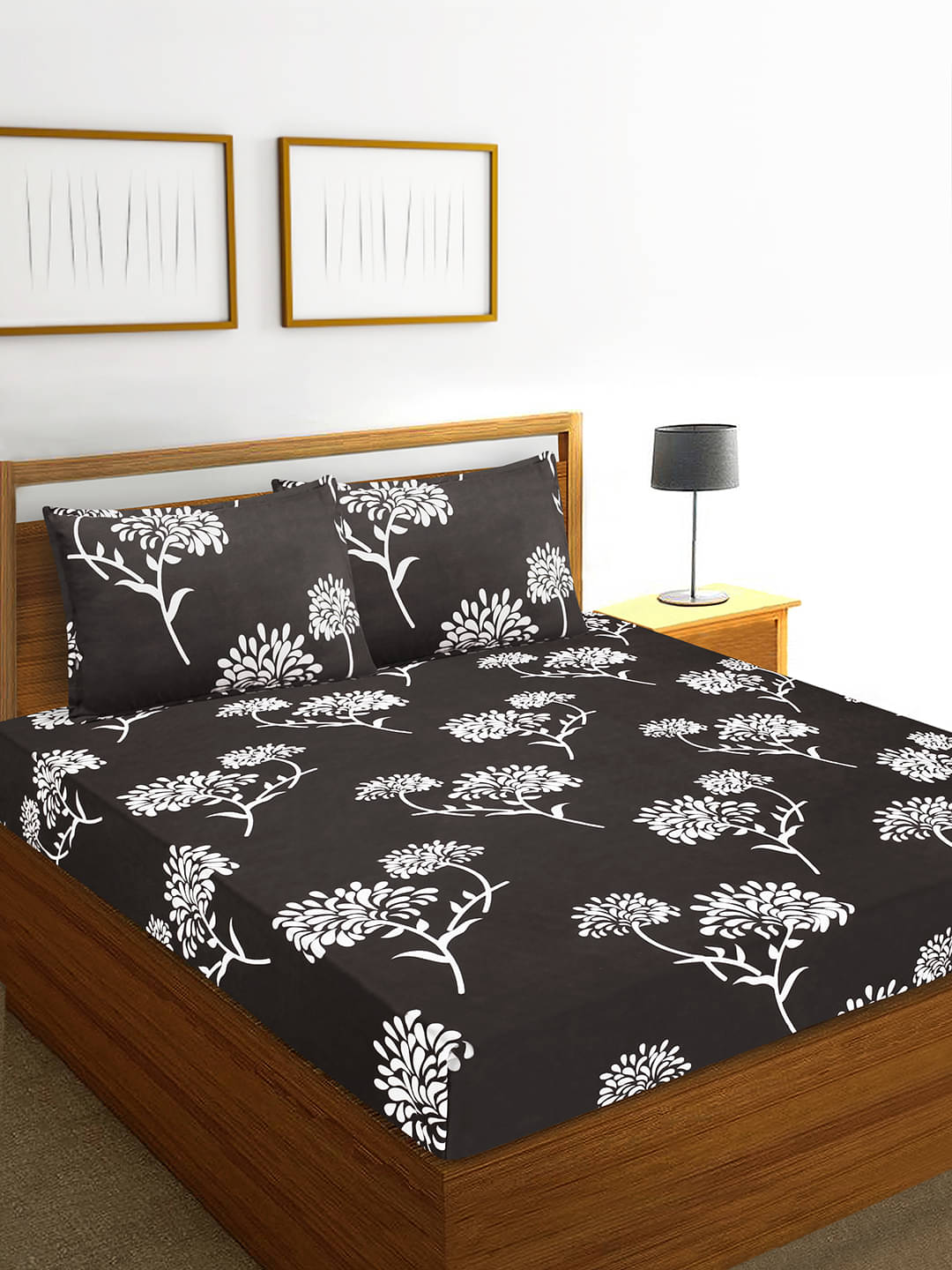     			Home Candy Microfiber Floral Double Bedsheet with 2 Pillow Covers-Black