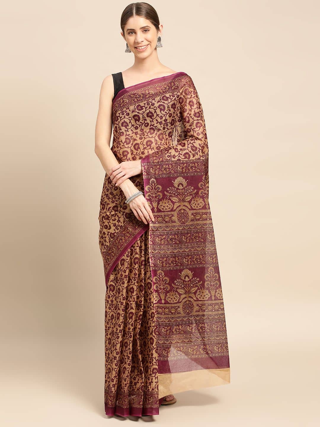 SHANVIKA Cotton Printed Saree Without Blouse Piece ( Beige ) - Sarees | Buy online on ZillyBuy