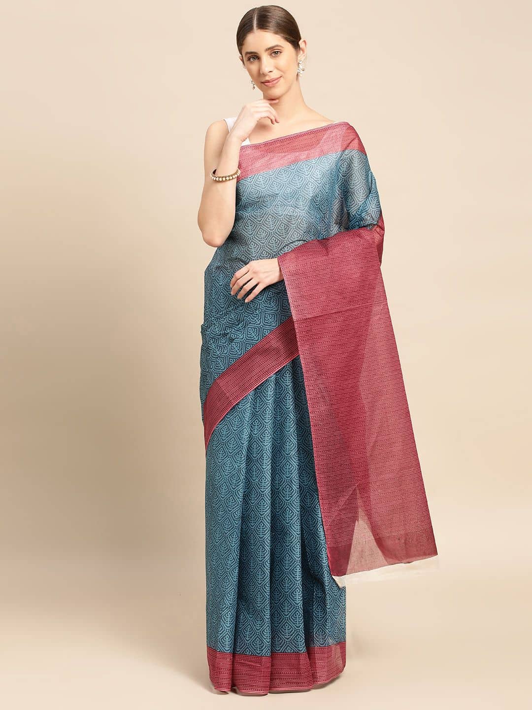 SHANVIKA Cotton Printed Saree Without Blouse Piece ( Blue ) - Sarees | Buy online on ZillyBuy