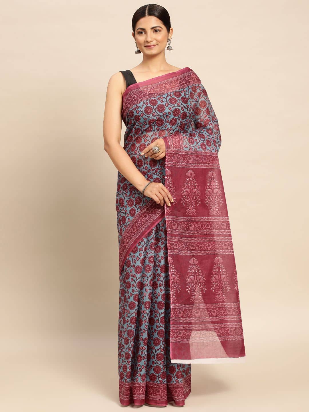SHANVIKA Cotton Printed Saree Without Blouse Piece ( Blue ) - Sarees | Buy online on ZillyBuy
