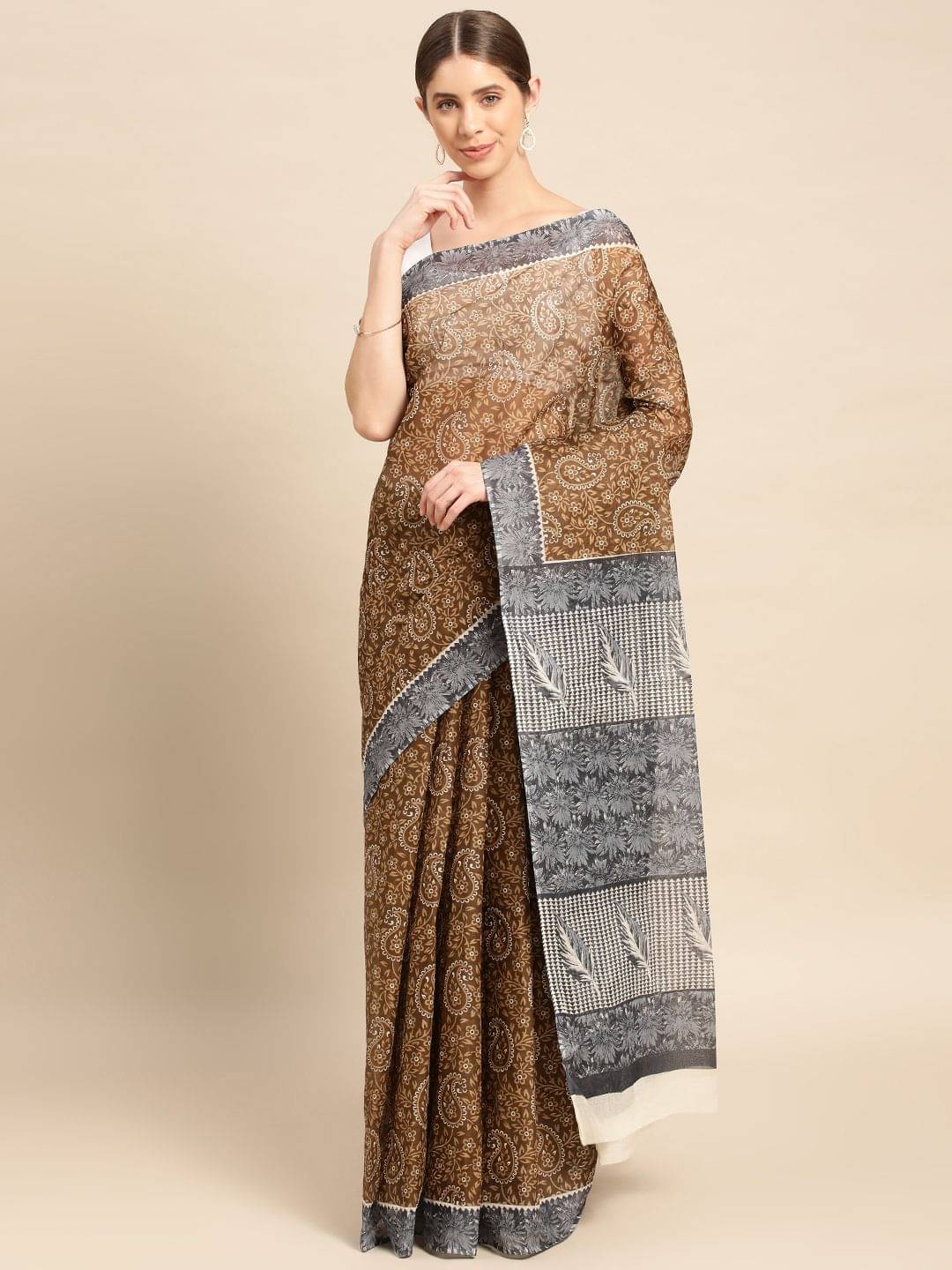     			SHANVIKA Cotton Printed Saree Without Blouse Piece ( Brown )