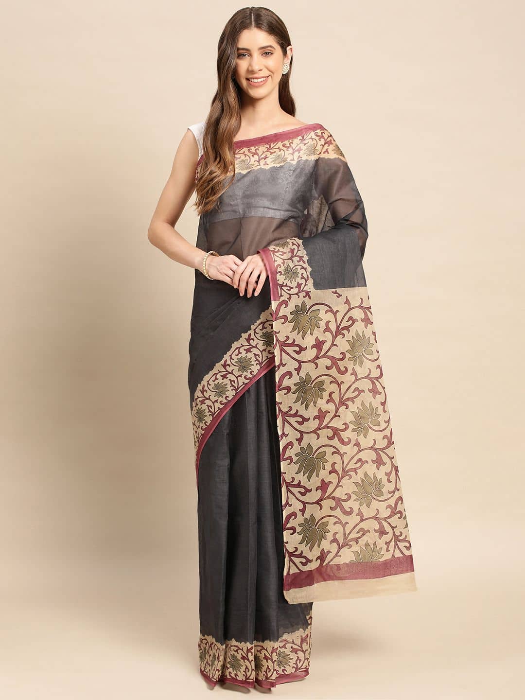 SHANVIKA Cotton Printed Saree Without Blouse Piece ( Dark Grey ) - Sarees | Buy online on ZillyBuy