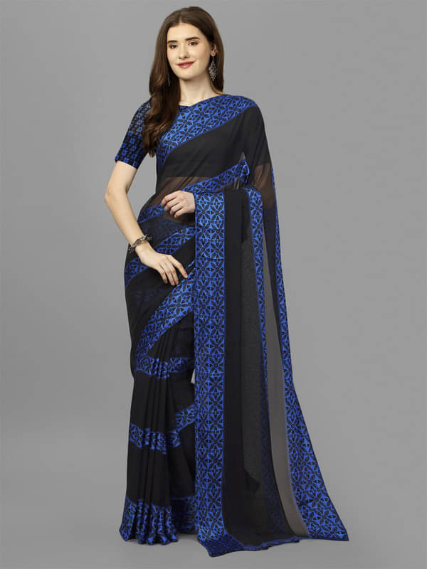     			Sanwariya Silks Georgette Printed Saree With Unstitched Blouse Piece ( Blue )