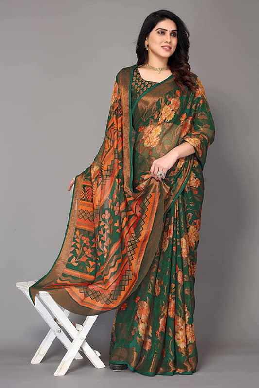 Sanwariya Silks Brasso Printed Saree With Unstitched Blouse Piece ( Green ) - Sarees | Buy online on ZillyBuy