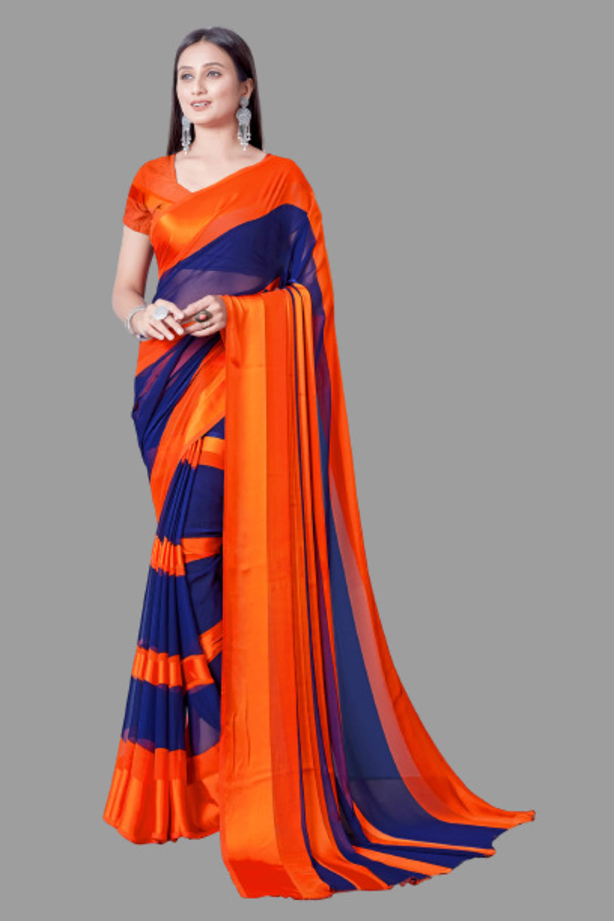     			Sanwariya Silks Georgette Striped Saree With Unstitched Blouse Piece ( Orange )