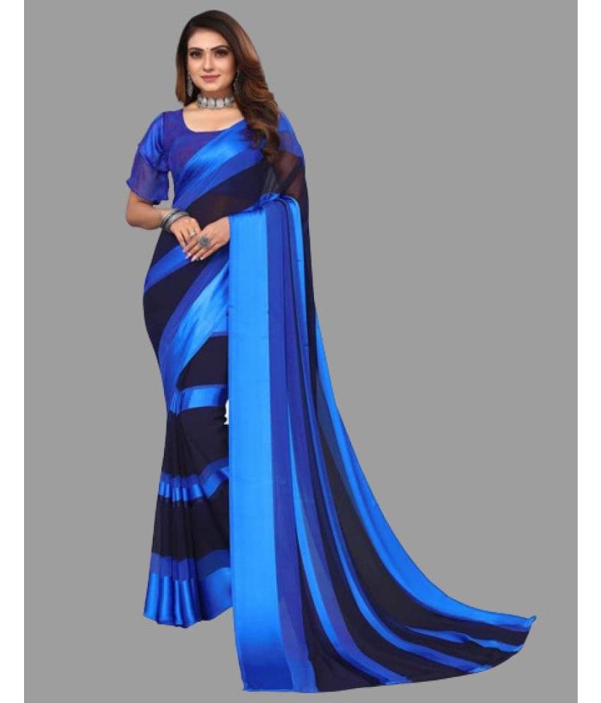     			Sitanjali Georgette Striped Saree With Unstitched Blouse Piece ( Blue )