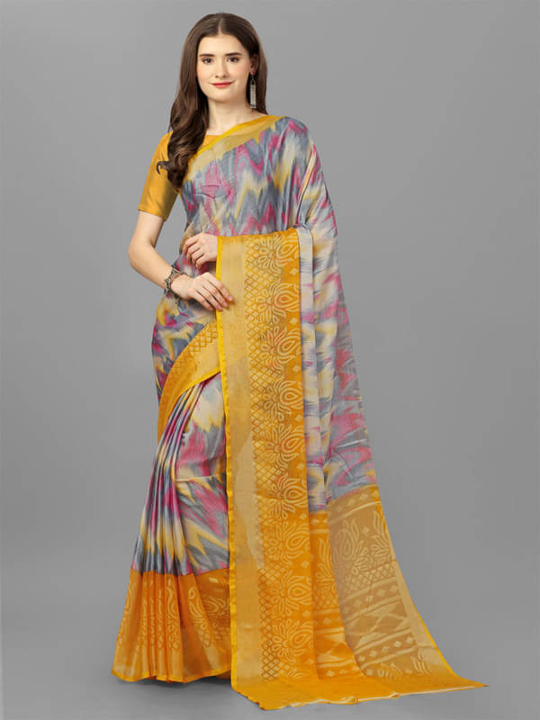     			Sitanjali Brasso Printed Saree With Unstitched Blouse Piece ( Yellow )