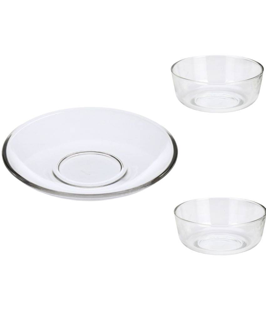 Somil - Combo Of 2 Bowl And 1 Plate Transparent Glass Dinner Set ( Pack of 3 ) Somil - Combo Of 2 Bowl And 1 Plate Transparent Glass Dinner Set ( Pack of 3 )