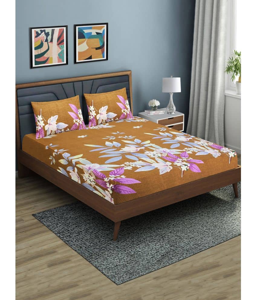 Home Candy Microfiber Floral Double Bedsheet with 2 Pillow Covers-Brown