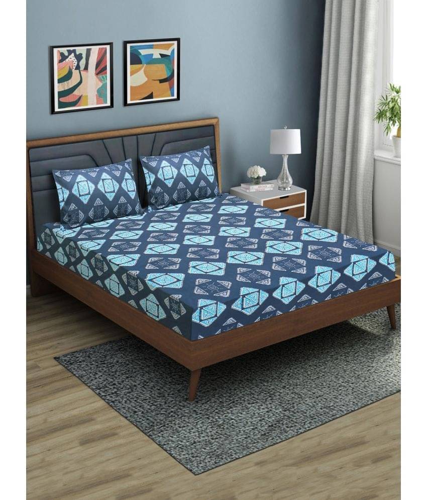     			Home Candy Microfibre Geometric Printed 1 Bedsheet with 2 Pillow Covers - Dark Blue