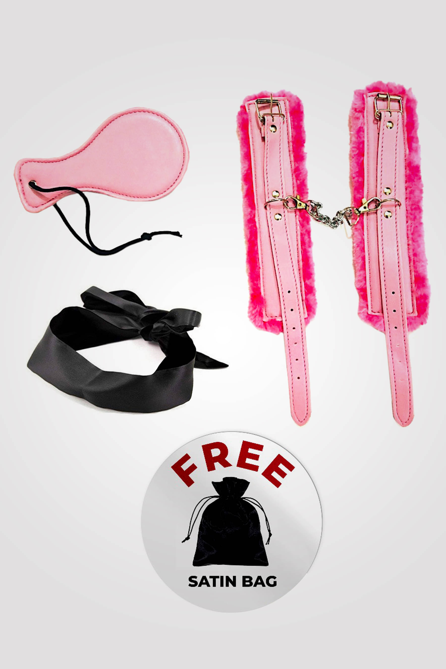     			Kamuk Life Pink Leather BDSM Bondage Set (Handcuffs,Paddle,Blindfold) 3 pc kit