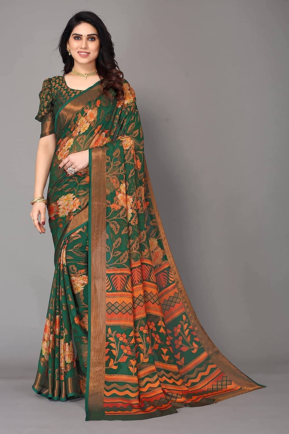 Sitanjali Brasso Printed Saree With Unstitched Blouse Piece ( Green ) Sitanjali Brasso Printed Saree With Unstitched Blouse Piece ( Green )