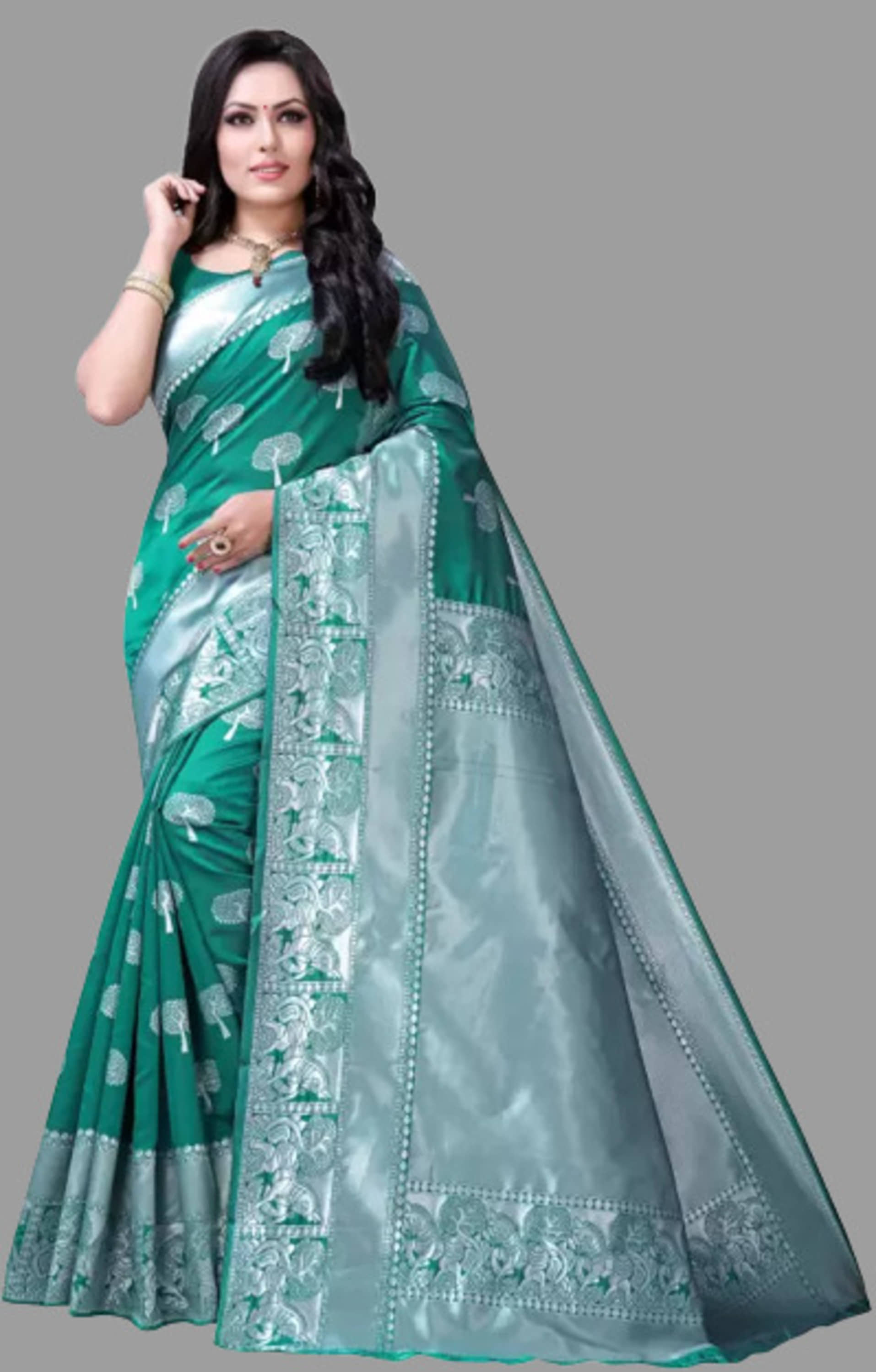Sitanjali Silk Blend Embellished Saree With Unstitched Blouse Piece ( Rama ) - Sarees | Buy online on ZillyBuy