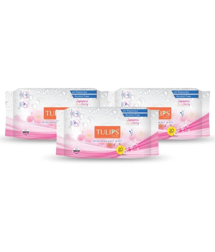     			Tulips Refreshing Wet Wipes Japanese Cherry (20 wipes x 3 Pack) Makeup Remover Wipes 317 g