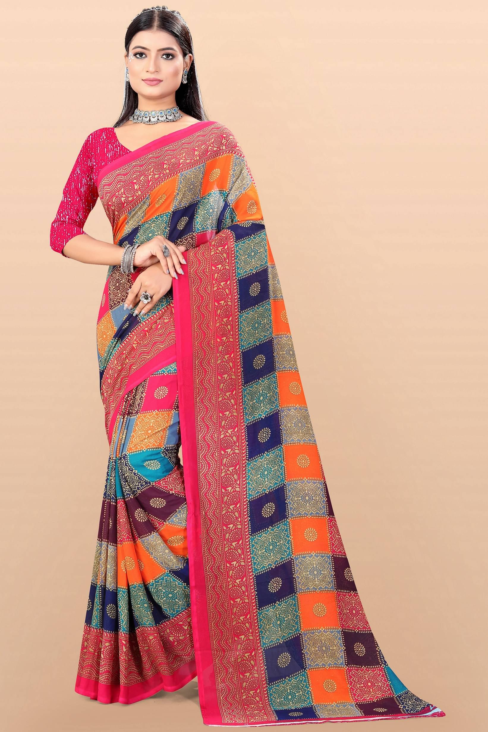 LEELAVATI Georgette Printed Saree With Unstitched Blouse Piece ( Multicolor ) LEELAVATI Georgette Printed Saree With Unstitched Blouse Piece ( Multicolor )