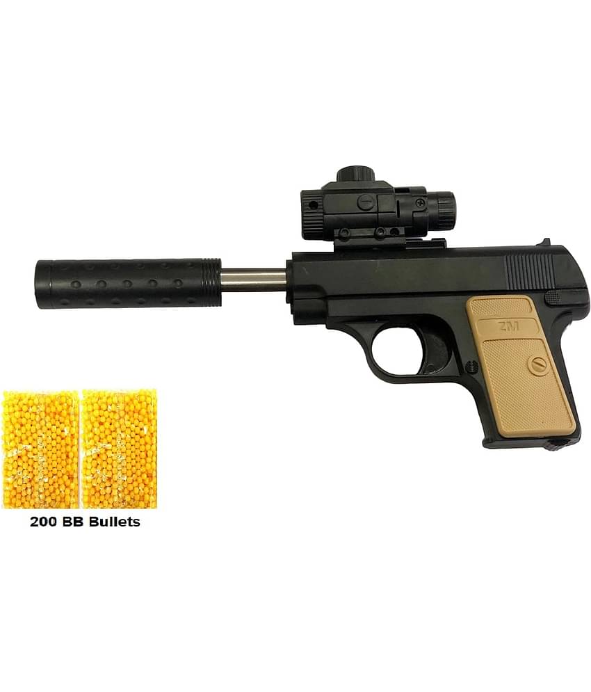 Mouser Pistol Toy Shooting Gun with Suppressor & 200 Plastic Bullets for Kids Age 15 Years & Above | Pull Back The Suppressor to Load Gun