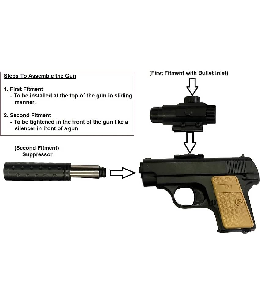 Mouser Pistol Toy Shooting Gun with Suppressor & 200 Plastic Bullets for Kids Age 15 Years & Above | Pull Back The Suppressor to Load Gun
