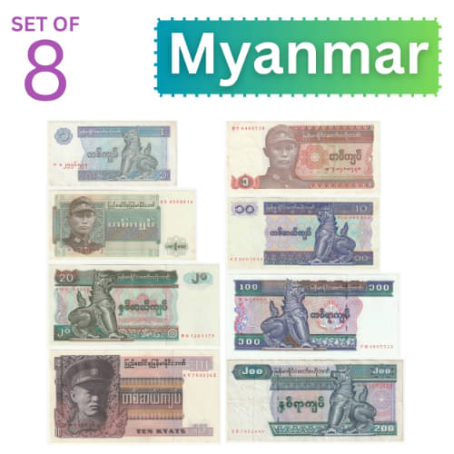 Numiscart - Set of 8 - 1,10,20,100 and 200 Kyat Myanmar Collectible Rare 8 Notes Paper currency & Bank notes Numiscart - Set of 8 - 1,10,20,100 and 200 Kyat Myanmar Collectible Rare 8 Notes Paper currency & Bank notes