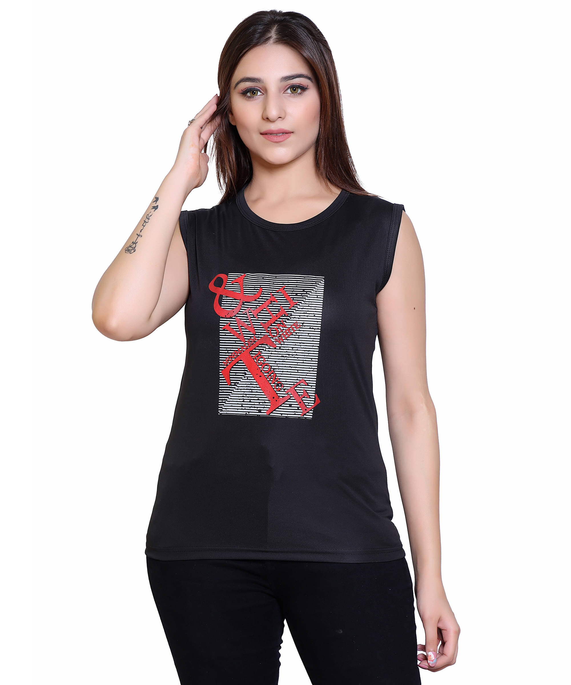     			Ogarti Women Lycra Printed Regular Fit Round Neck T-Shirt ( Black )