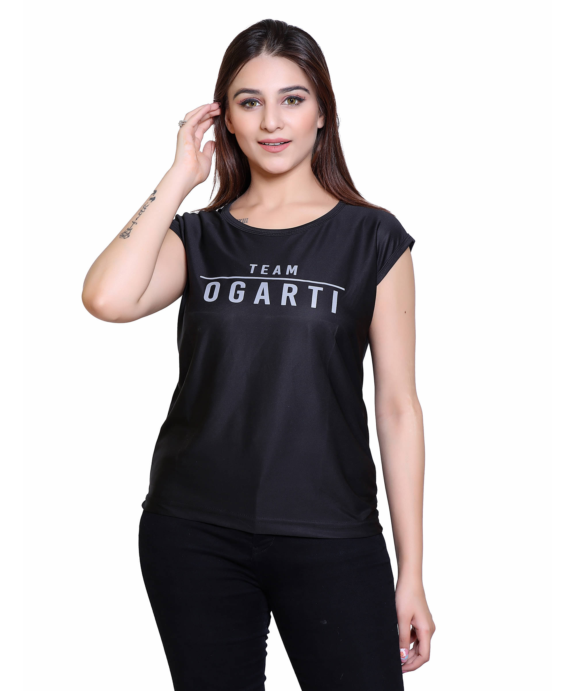 Ogarti Women Lycra Printed Regular Fit Round Neck T-Shirt ( Black )     			Ogarti Women Lycra Printed Regular Fit Round Neck T-Shirt ( Black )