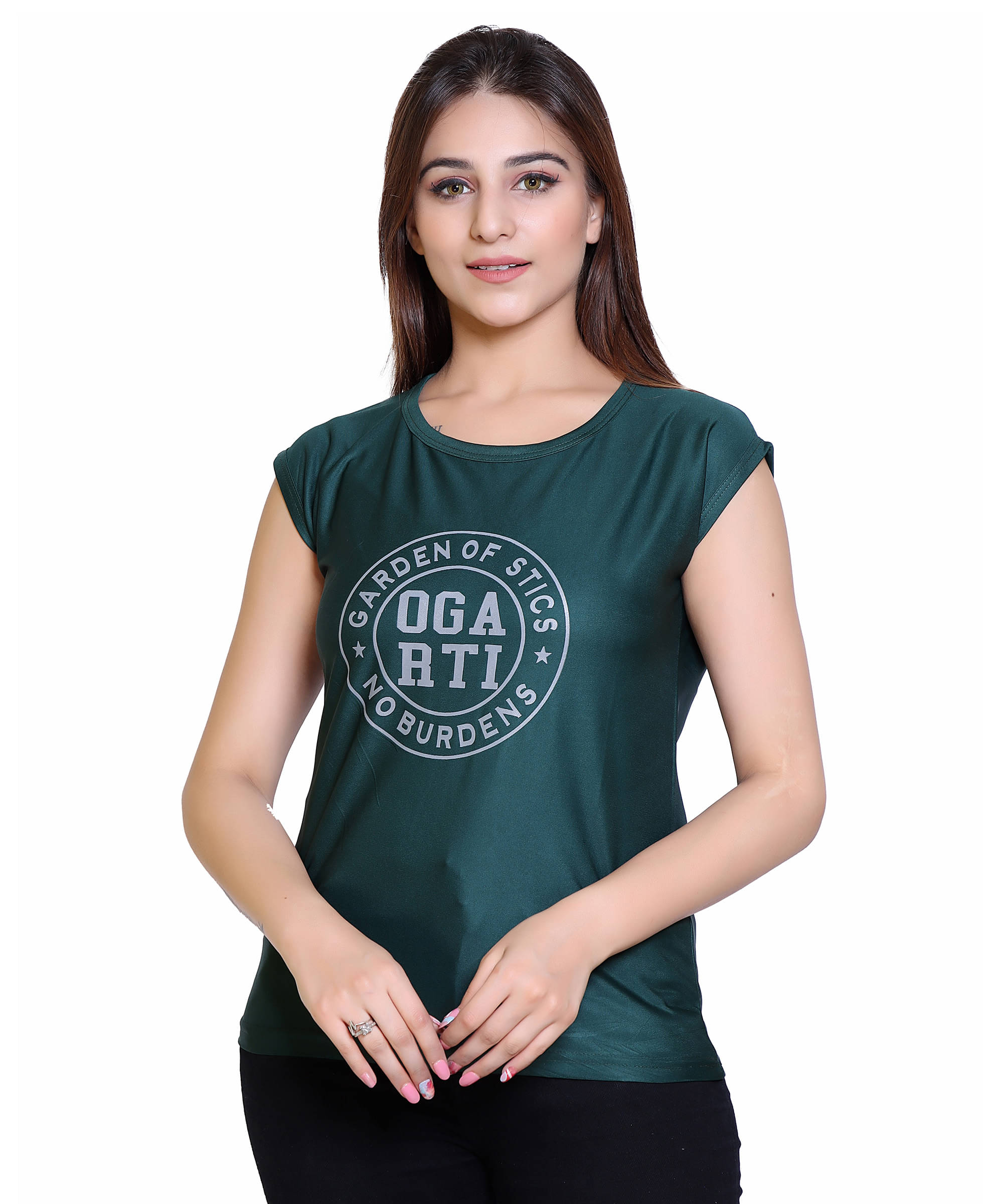     			Ogarti Women Lycra Printed Regular Fit Round Neck T-Shirt ( Green )
