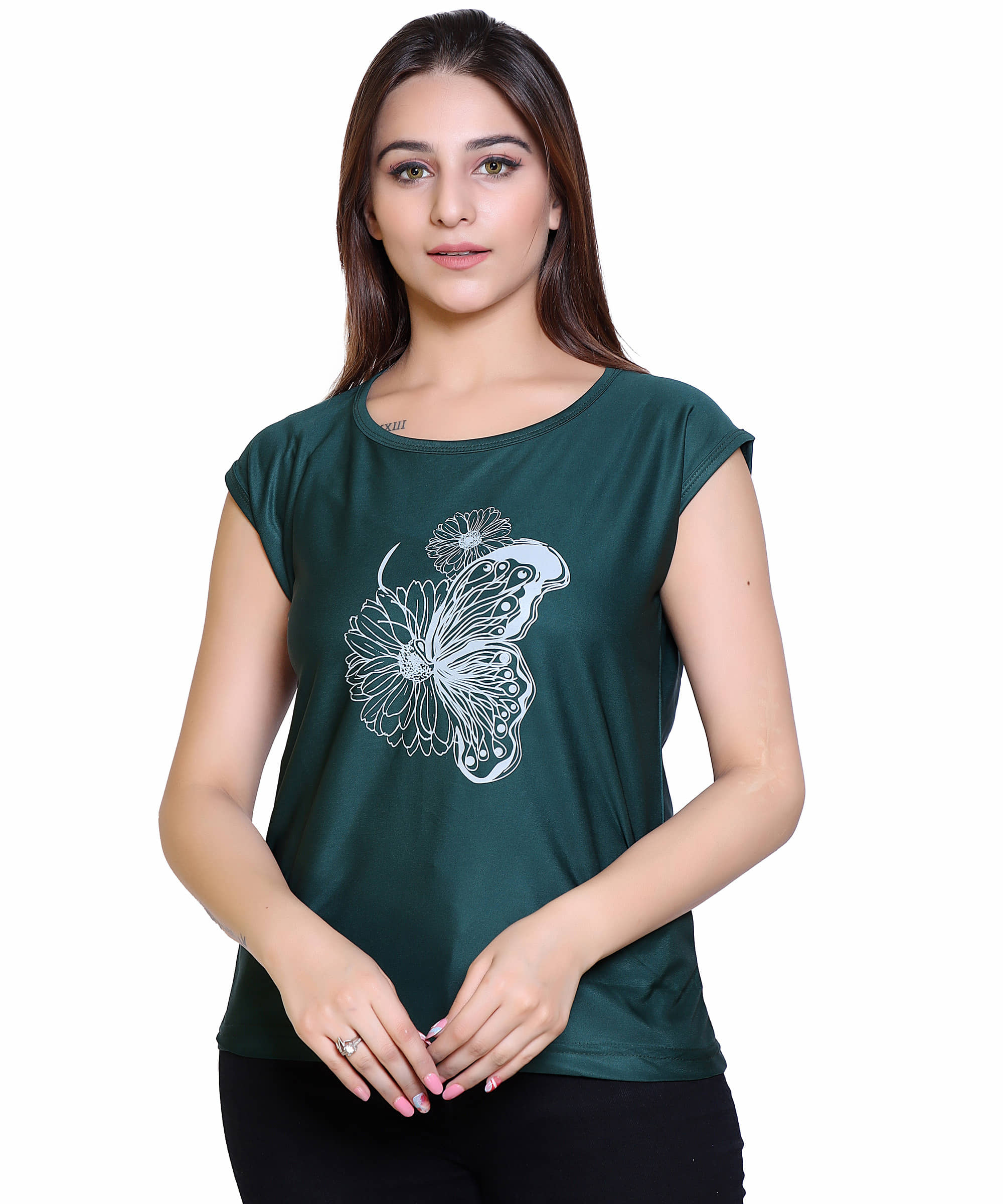 Ogarti Women Lycra Printed Regular Fit Round Neck T-Shirt ( White )