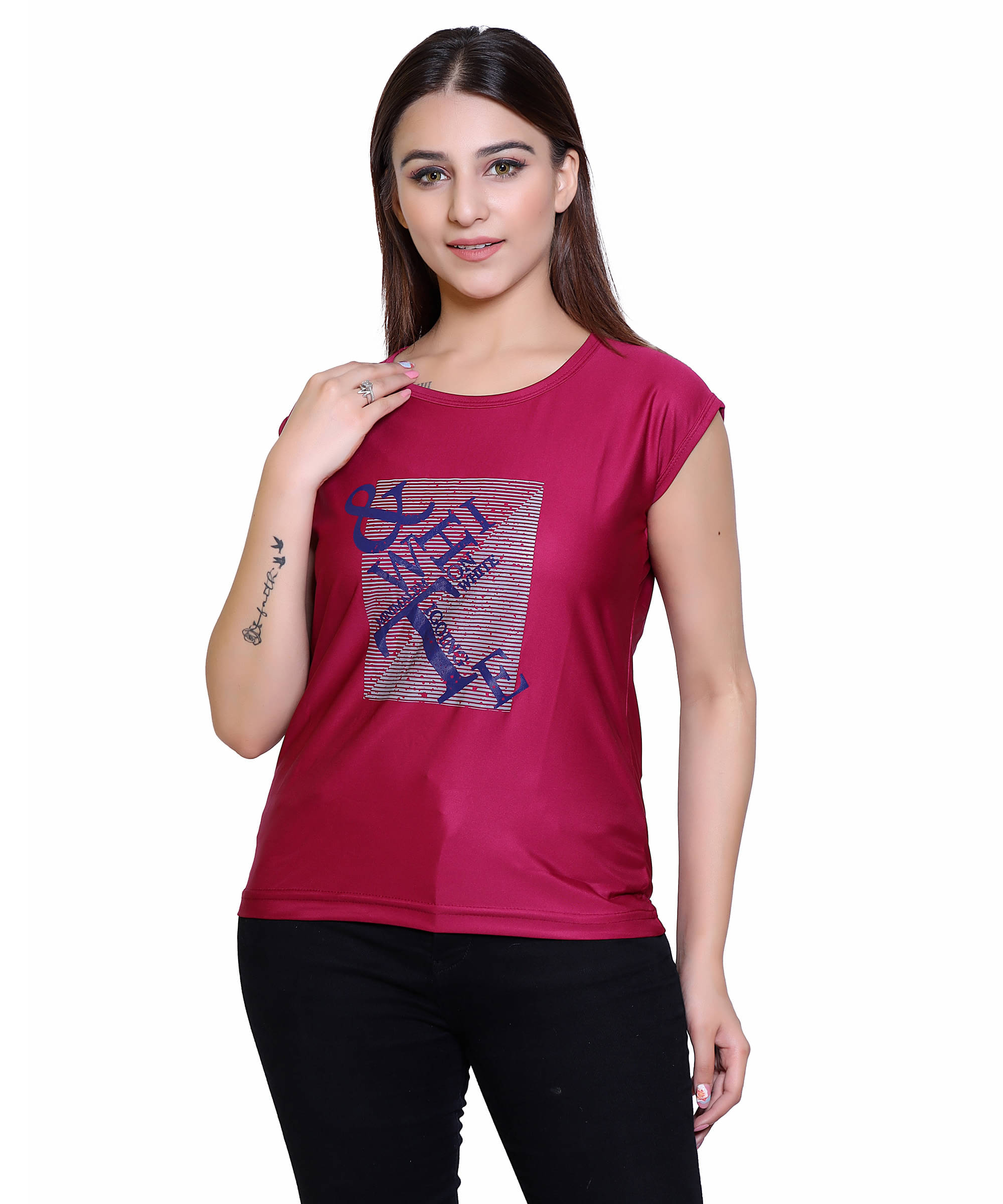     			Ogarti Women Lycra Printed Regular Fit Round Neck T-Shirt ( Magenta )