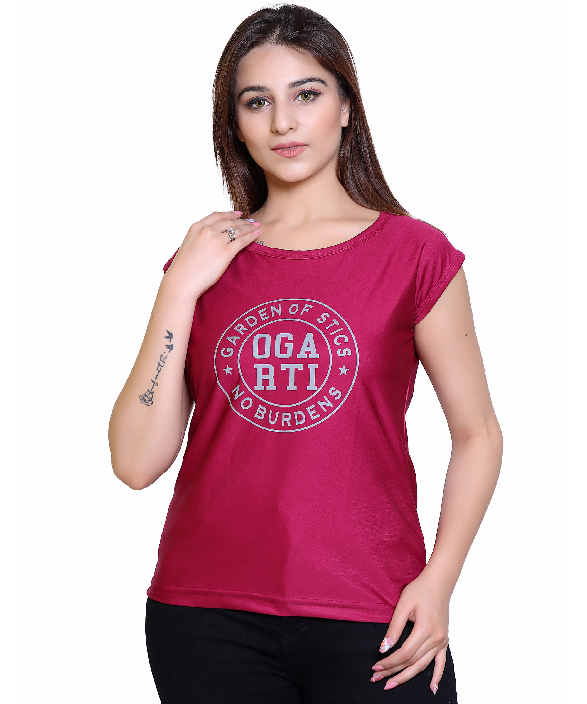 Ogarti Women Lycra Printed Regular Fit Round Neck T-Shirt ( Magenta ) Ogarti Women Lycra Printed Regular Fit Round Neck T-Shirt ( Magenta )